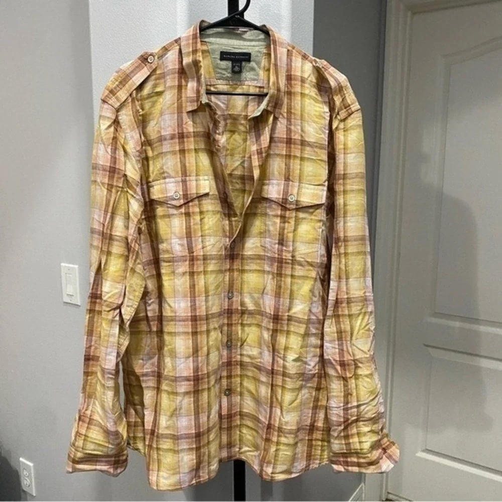 Bananas Republic Linen Blend Button Down Sleeve Shirt Plaid 17/17.5 Mens Western
